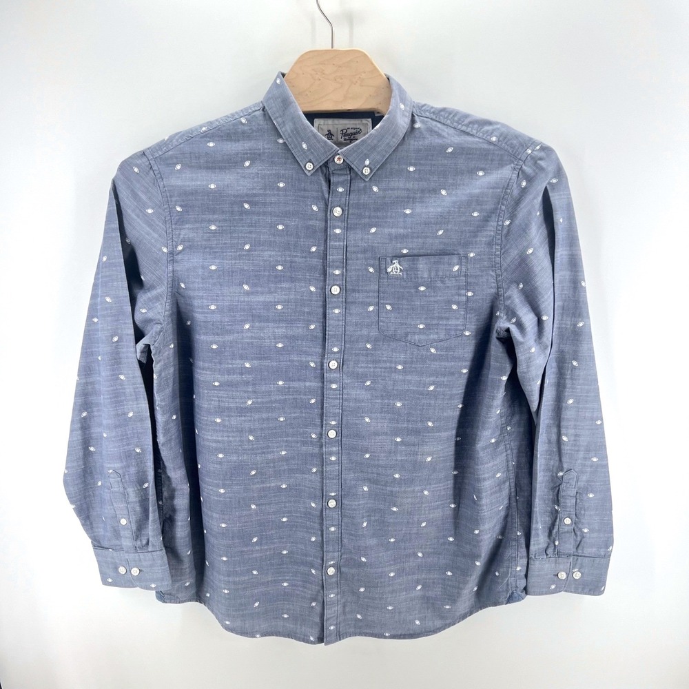 Original Penguin Football Print Shirt XL Cotton Blue Button Down Preppy Casual